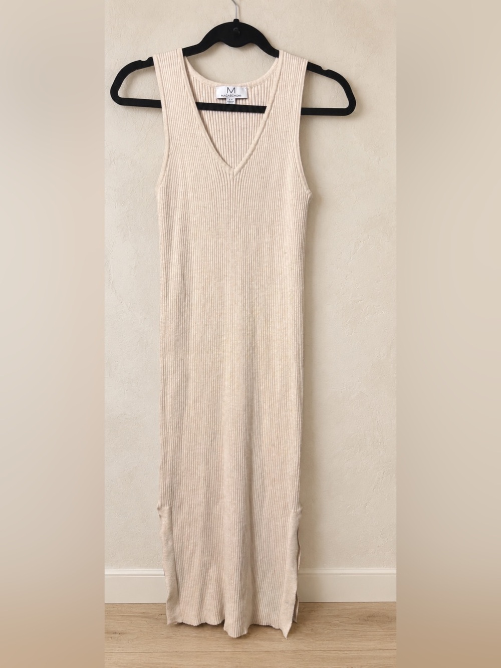 Magaschoni Ivory Ribbed Knit Maxi Dress L